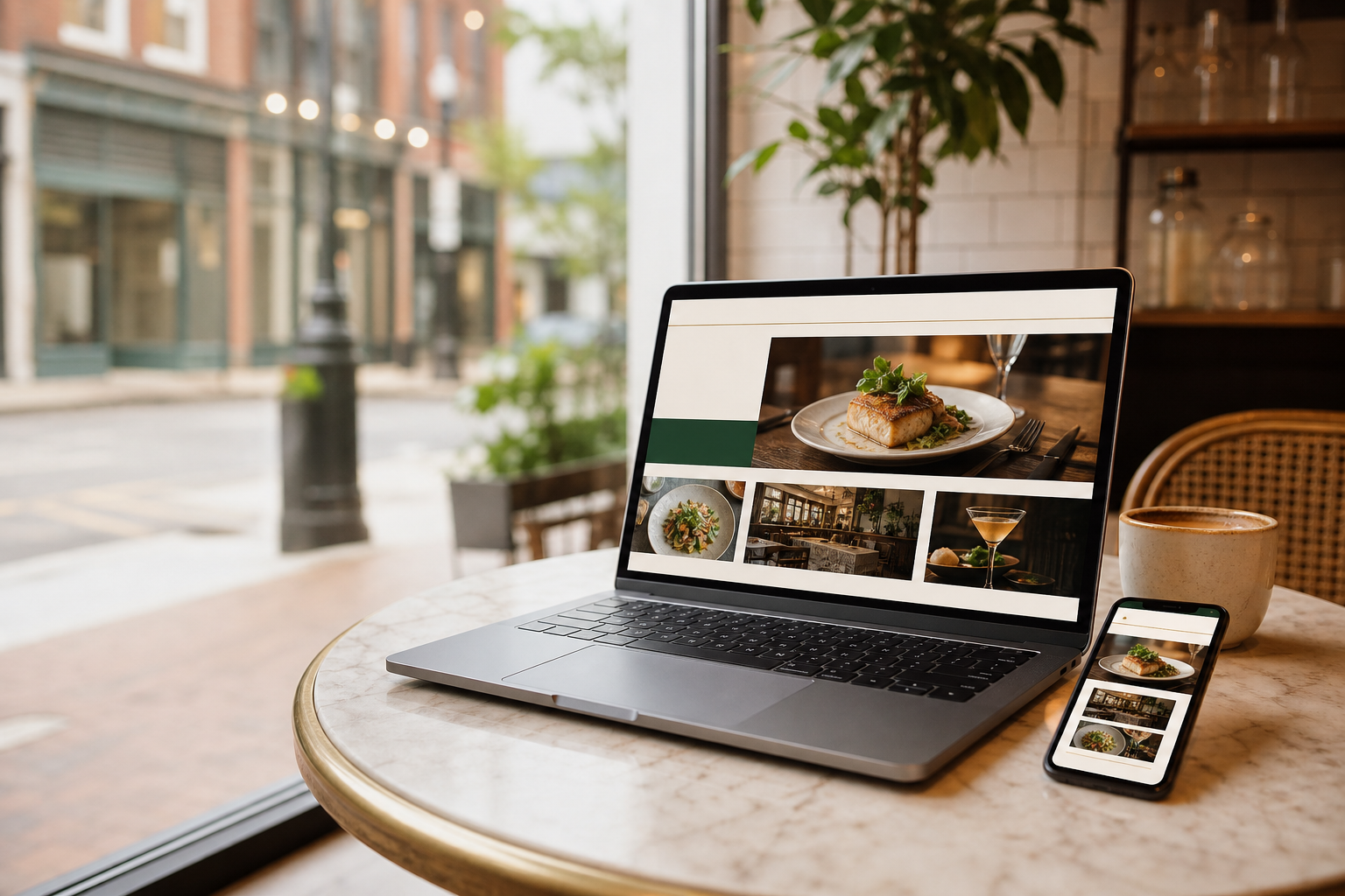 Laptop and phone showing a restaurant website preview